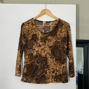 Susan Lawrence Vintage Brown Floral Print Top Size Medium